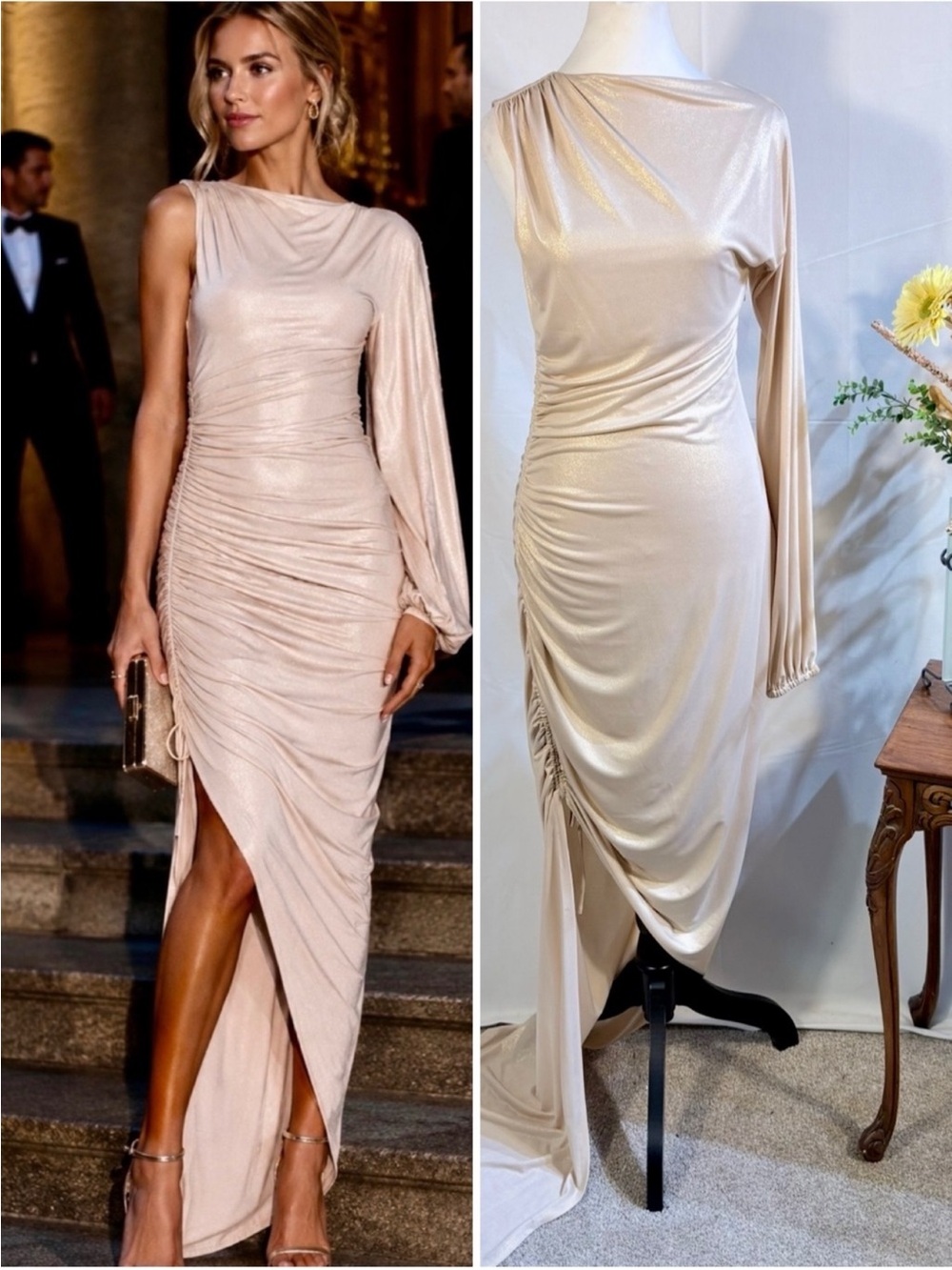 💥Michael Costello x REVOLVE
Lacey One Shoulder Ruched Champagne Gown Sz M🧡